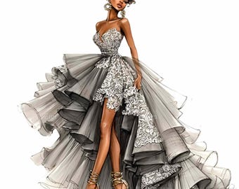 12 PNG High Low Gown Glamour Fashion Illustration Clipart