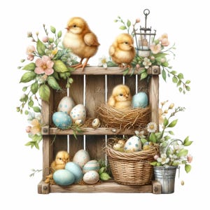 12 kuiken- en eierplank clipart png – schattige gele kuikens, blauw gespikkelde eieren, bloemen, rustieke houten kist – digitale download