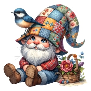 12 cliparts PNG lunatiques nain - nain de jardin chapeau patchwork avec oiseau - art de sublimation pour décoration d'enfants et travaux manuels de printemps