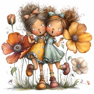 May include: A whimsical illustration of two young girls with surprised expressions, standing amidst large orange and yellow flowers. They wear dresses in yellow and blue-green, with brown boots and bows in their hair. The artwork has a soft, watercolor style.