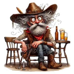 Clipart cowboy 15 PNG - vieux cowboy grisonnant avec de la bière et des fusils dans un décor de salon pour l'art numérique et l'artisanat