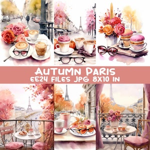 24 imágenes JPEG de café parisino otoñal: imágenes prediseñadas de café otoñal en formato JPG. Impresiones de la Torre Eiffel para decoración de pared, paquete digital de 8 x 10.