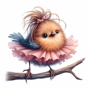 以下が含まれることがあります： 枝に止まっている、ピンクのチュチュとピンクのリボンをつけたふわふわの茶色の鳥