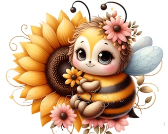 12 PNG Sunflower Bee Clipart – Floral Bumblebee Illustration, Spring Bee Art, Nursery Decor, Sublimation, Sticker, Cute Animal Design