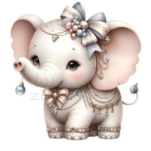 12 elegantes imágenes prediseñadas de elefantes PNG, lindo bebé elefante con perlas y lazo, arte digital de fantasía caprichosa