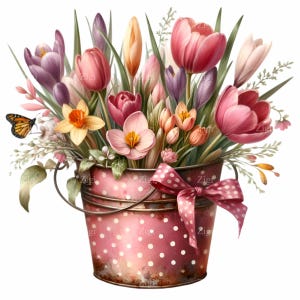 15 fiori primaverili PNG Clipart – Tulipani colorati e narcisi in secchiello a pois rosa con fiocco – Arte digitale floreale