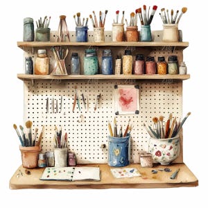 12 PNG Art Studio Clipart - Spazio di lavoro creativo con pennelli e barattoli PNG - Illustrazione di una stanza dei mestieri d'epoca