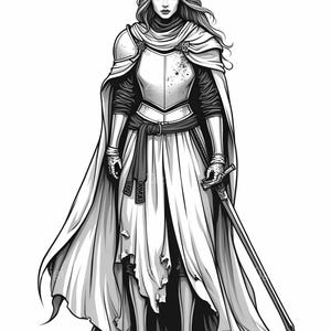 16 bocetos de caballero femenino en formato JPEG. Clipart JPG de guerrera. Arte de mujer medieval feroz para decoración de fantasía, creadores de manualidades y carteles imprimibles.