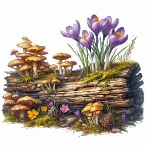 May include: A weathered log with a cluster of brown mushrooms growing on one end.  Purple crocuses and yellow wildflowers are blooming on the moss-covered log.