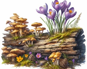 12 PNG Mushroom Log, Cottage Nature Clipart, Forest Flowers Sublimation, Botanical Moss