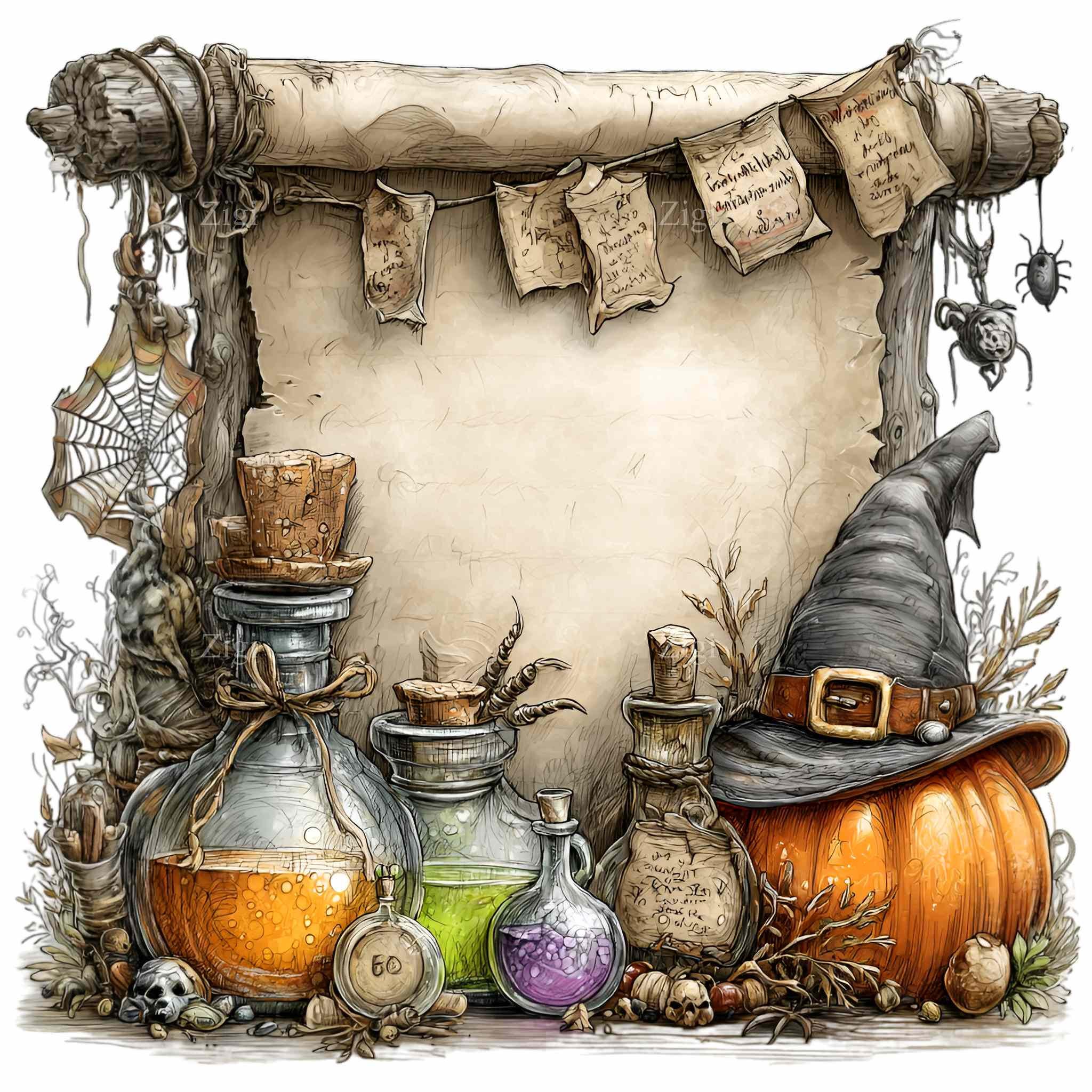 10 PNG Halloween Apothecary Frame, Potion Bottle Scroll Border, Witch ...