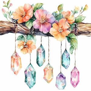 24 JPEG Rainbow Crystals Clipart JPG, Gemme sospese con fiori colorati sul ramo, Arte da giardino primaverile pastello stampabile