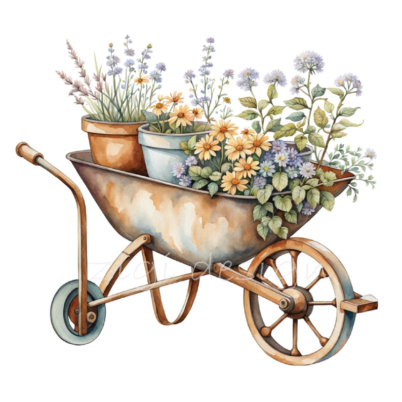 May include: A rusty metal wheelbarrow filled with potted plants. The plants include lavender, yellow daisies, and blue flowers. The wheelbarrow has a wooden handle and a wooden wheel.