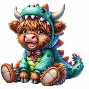 12 Highland Cow in Dino Costume PNG - Carino Fluffy Cow Digital Clipart - Baby Cow Vestito da Dinosauro Illustrazione