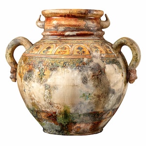 May include: A large, antique-style ceramic vase with a wide body and two curved handles. The vase features a cream-colored base with faded floral and geometric patterns in shades of yellow, orange, blue, and green. The rim and handles are also painted.
