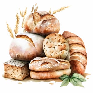 28 jpeg ambachtelijk brood clipart jpeg, rustiek geassorteerde broden met tarwestengels, bakkerij keuken voedsel stapel digitale kunst print