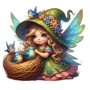 10 Clipart PNG de Fada com Asas e Pássaros, Elfo Bonito da Primavera com Chapéu Floral, Ninho e Pássaro Azul para Download Digital