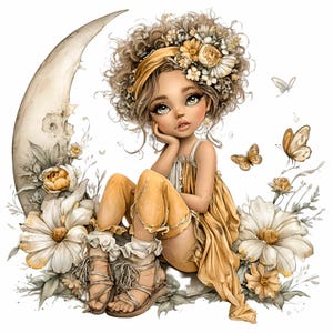 May include: A digital illustration of a young girl with curly hair, wearing a yellow dress and pants, sitting on a crescent moon. She is surrounded by white and yellow flowers and butterflies. The artwork has a soft, whimsical style.