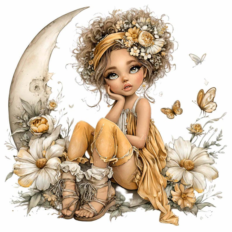 May include: A digital illustration of a young girl with curly hair, wearing a yellow dress and pants, sitting on a crescent moon. She is surrounded by white and yellow flowers and butterflies. The artwork has a soft, whimsical style.