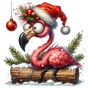 Clipart flamant de Noël avec bonnet de Noel et décorations, 15 PNG mignons pour cartes de vœux, téléchargement numérique festif