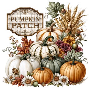 May include: A decorative illustration featuring a sign with the text PUMPKIN PATCH, surrounded by a collection of white, orange, and green pumpkins, wheat stalks, acorns, autumn leaves, and white daisy flowers on a plain white background.
