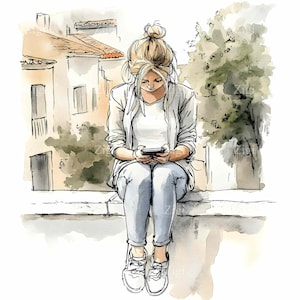 28 JPEG Chica urbana sentada con teléfono Clipart JPG / Mujer con atuendo informal en la azotea con vista a la ciudad Ilustración para imprimir