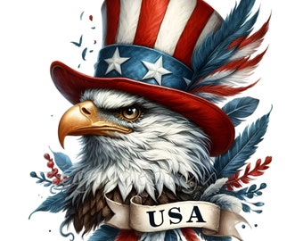 12 PNG Patriotic Eagle American Flag Top Hat Clipart, USA Sublimation Bird Design