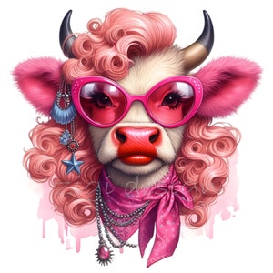 12 Clipart di mucche alla moda PNG, mucca elegante con capelli ricci e accessori rosa, download digitale per artigianato e arredamento