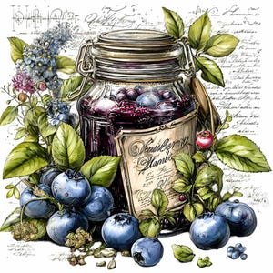 10 PNG Blaubeermarmelade Clipart - Obstglas PNG - digitaler Download für Bauernhaus Küchendekor, Rezeptkarten, Etiketten, Scrapbooking, DIY Handwerk