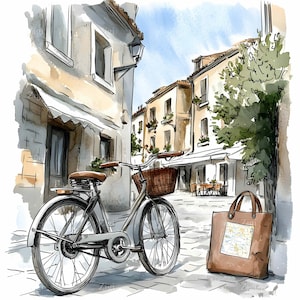 16 Clipart di strade in bicicletta d'epoca JPEG, Scene di città europee JPEG, Illustrazione di avventure di viaggio, Arte di paesaggi urbani rustici Scarica immagine digitale