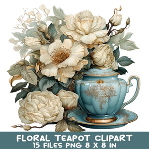 15 Elegant Floral Teapot Clipart with Cream Roses - PNG Bundle Design