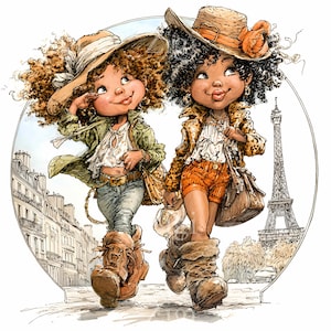 14 chicas parisinas caminando en formato JPEG. Imágenes prediseñadas de moda en formato JPG. Ilustración infantil original para decoración infantil o para imprimir con temática parisina.