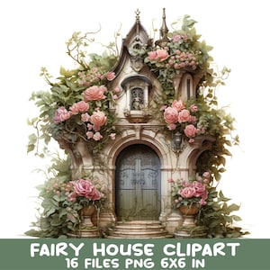 16 Fairy House PNG, Enchanted Cottage Clipart, Whimsical Floral Castle Digital Download, Fantasy Garden Art
