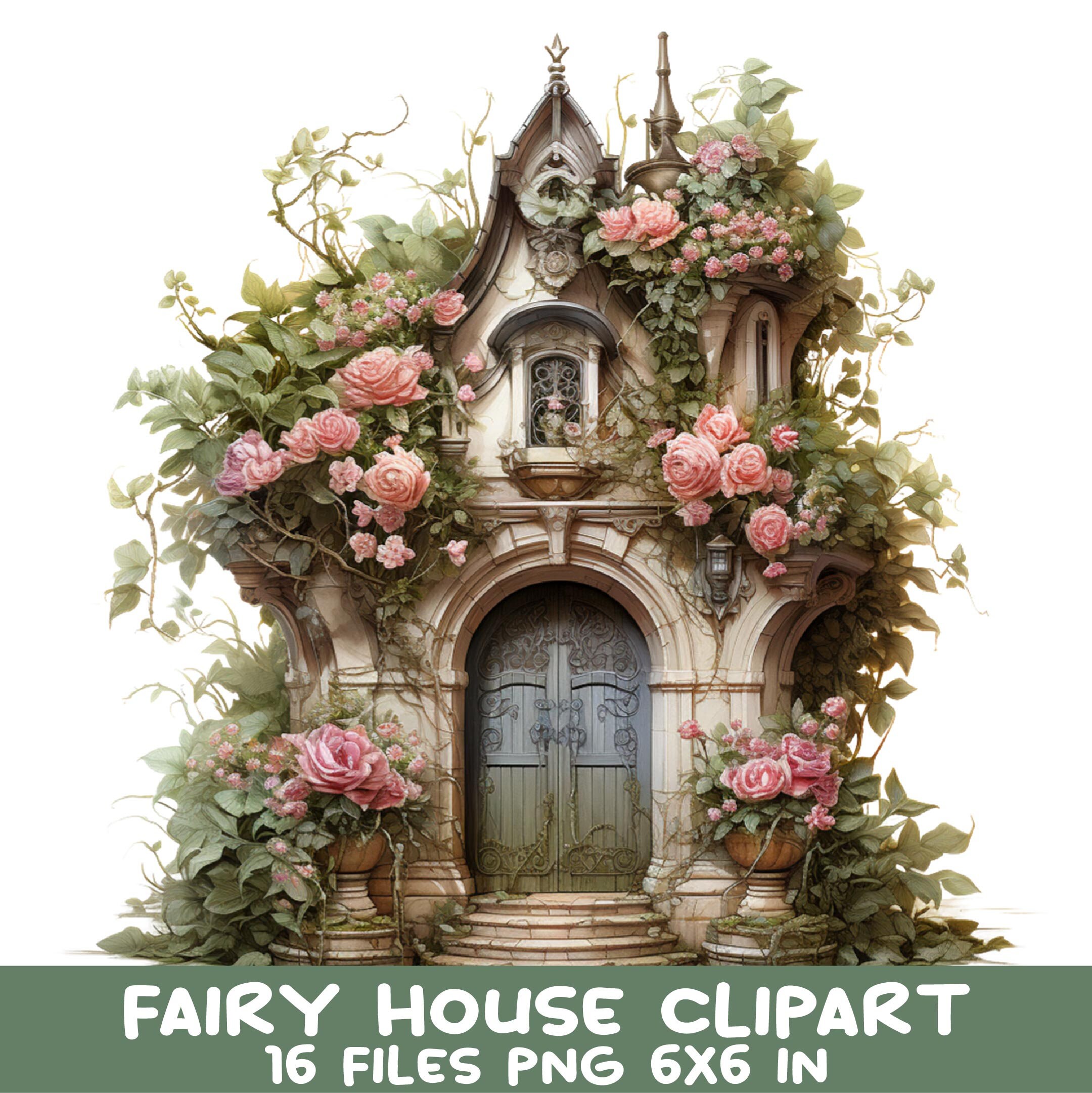 16 Fairy House PNG, Enchanted Cottage Clipart, Whimsical Floral Castle Digital Download, Fantasy Garden Art