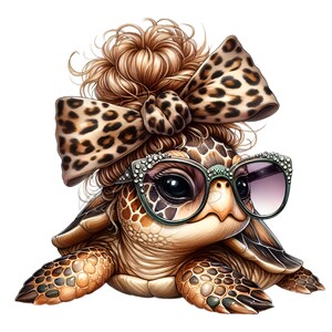 May include: A cartoon turtle wearing a leopard print bow and green-rimmed glasses with rhinestones. The turtle has a brown shell with a textured pattern.