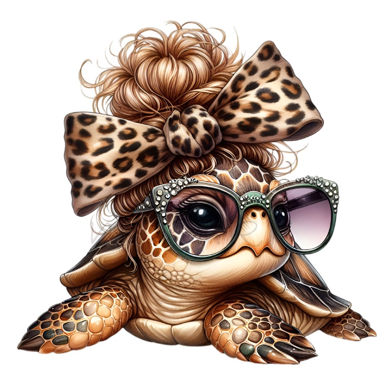 May include: A cartoon turtle wearing a leopard print bow and green-rimmed glasses with rhinestones. The turtle has a brown shell with a textured pattern.