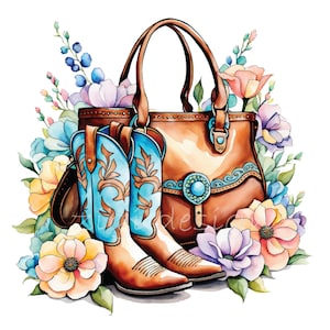 20 png-westerse bloemenset – Cowgirllaarzen en portemonnee PNG – landchique clipart voor sublimatie, knutselen en afdrukbare muurkunst
