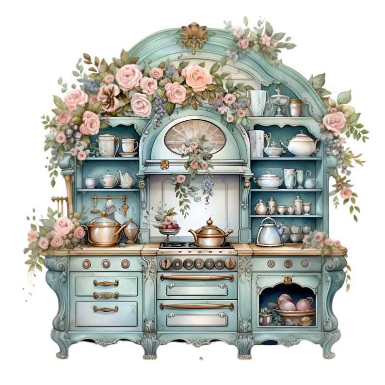 vintage floral kitchen scene clipart set graphic by... 15 PNG Retro Kitchen Pink Roses Cottage Clipart, Floral Stove - Etsy