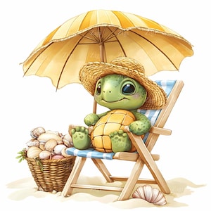 24 JPEG JPEG Schildkröte Clipart JPEG, niedliche Meeresschildkröte im Stuhl mit Strohhut und Regenschirm, Sommerozean-Urlaubs-Kunstdruck