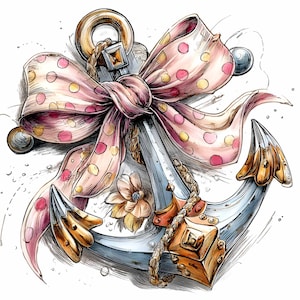 May include: An illustration of a nautical anchor with a pink polka-dot bow. The anchor is silver and gold, with a rope wrapped around it. A small flower with a blue center is near the anchor.