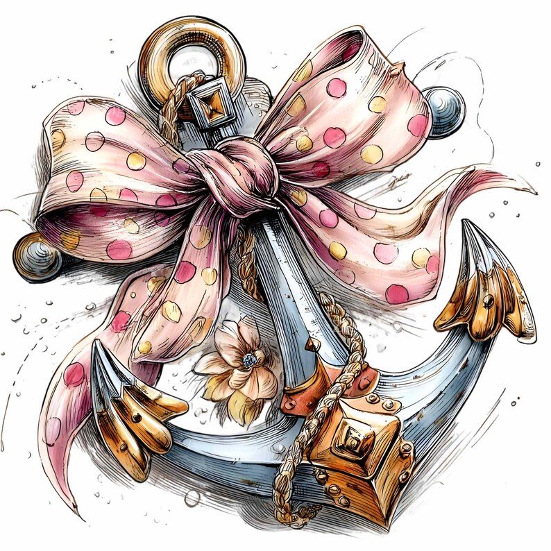 May include: An illustration of a nautical anchor with a pink polka-dot bow. The anchor is silver and gold, with a rope wrapped around it. A small flower with a blue center is near the anchor.