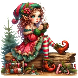 15 PNG Ragazza elfo di Natale PNG – Clipart di cacao per le vacanze – Simpatico elfo festivo con regali e bastoncini di zucchero per biglietti, lavoretti e decorazioni
