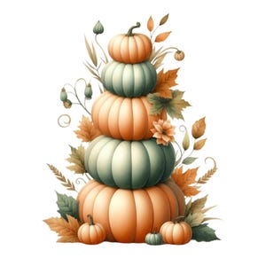 Può includere: Una pila di quattro zucche, due arancioni e due verdi, decorate con foglie autunnali e fiori. Le zucche sono disposte a forma di piramide, con la più grande in basso e la più piccola in alto.