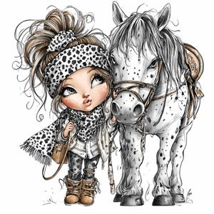 15 PNG Cowgirl PNG Clipart – Cute Girl with Spotted Horse Digital Art in Winter Outfit for Western Wall Art, Stickers, Crafts, Invitations