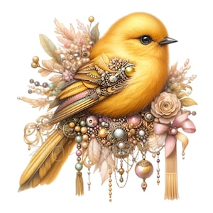 Puede incluir: Un pájaro amarillo adornado con joyas de oro y perlas, rodeado de delicadas flores y cintas. El pájaro está posado sobre un lecho de joyas y cuentas, creando un diseño caprichoso y ornamentado.
