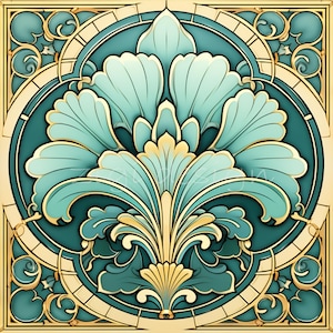 Può includere: Un motivo floreale blu-verde e oro con dettagli intricati. Il motivo è incorniciato da un bordo dorato e posto su uno sfondo crema.
