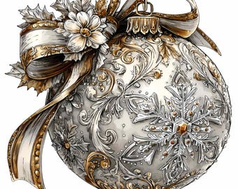 May include: A detailed Christmas ornament with a silver and gold color scheme. The ornament features a snowflake design and is adorned with a decorative bow and floral accents. The overall design is elegant and festive.