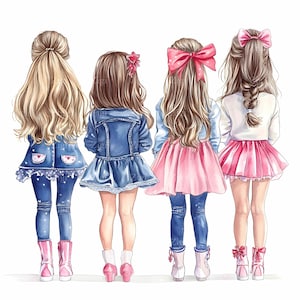 17 ragazze carine JPEG - Vista posteriore JPG Clipart - Arte con abiti rosa e blu per la decorazione della stanza degli adolescenti, moda carina digitale stampabile
