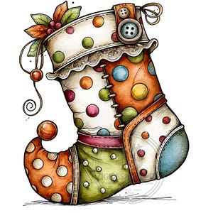 May include: A decorative Christmas stocking illustration featuring a patchwork design with colorful polka dots, stitched seams, and a curled toe. The cuff is adorned with two large buttons and a sprig of holly leaves and berries at the top corner.