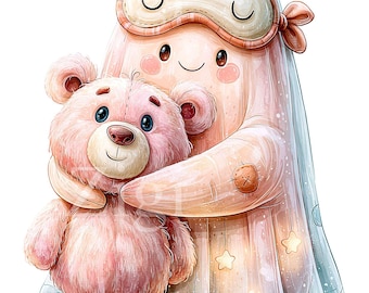 14 PNG Pink Ghost Bear, Sleep Mask Pajama Halloween Plush Art Clipart